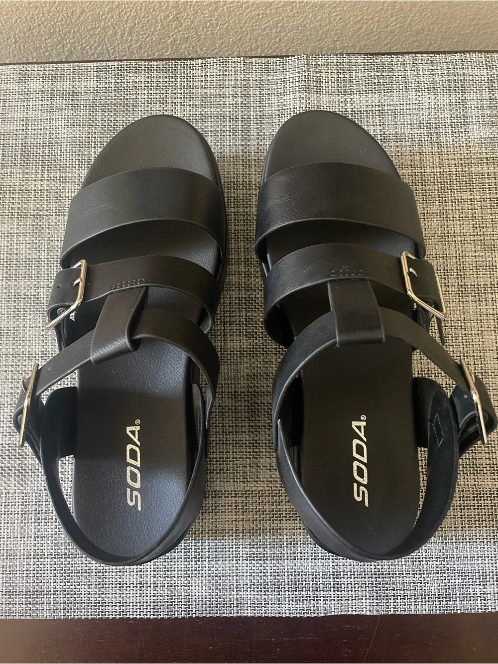 Soda Black Triple-Strap Buckle Slingback Sandals